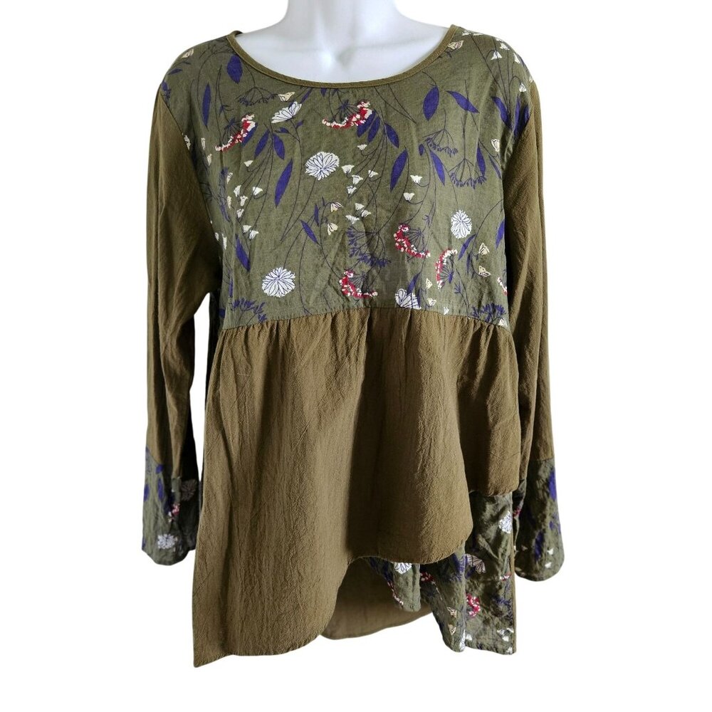 O'nelue Woman Size L Layered Peasant Long Sleeve Tunic Olive Green Floral Gauze